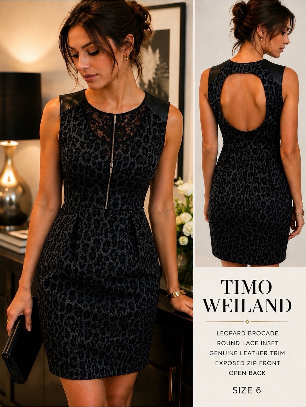 Timo Weiland Leopard Brocade Leather Lace Zip Sheath Dress Gray Size 6